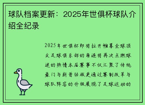 球队档案更新：2025年世俱杯球队介绍全纪录