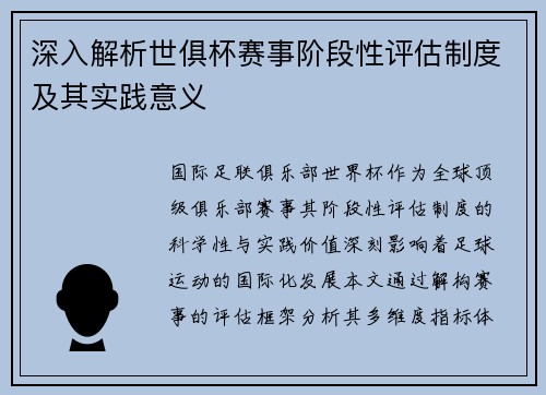 深入解析世俱杯赛事阶段性评估制度及其实践意义